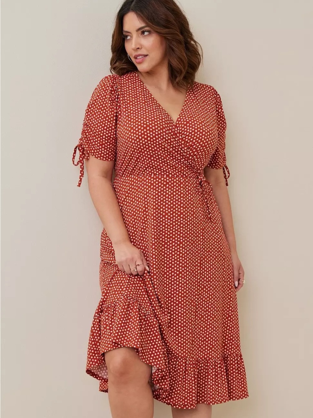 Torrid Rust Red Polka Dot Studio Knit Wrap Midi Dress Size 5 / 5X Pockets